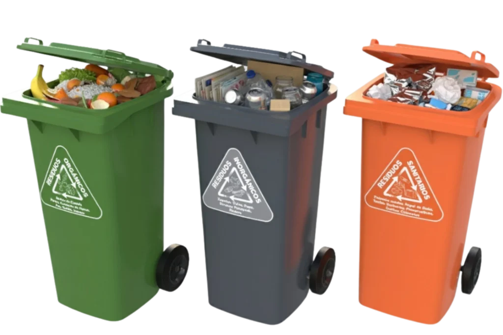 Contenedores de colores utilizados para la separación de basura plástico y orgánicos, promoviendo una correcta gestión de residuos reciclables en la CDMX.