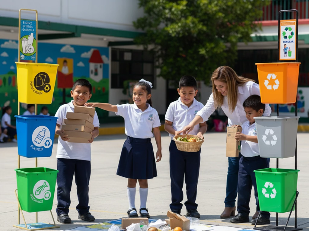 Niños aprendiendo separación de residuos en la escuela con contenedores de reciclaje y educación ambiental.