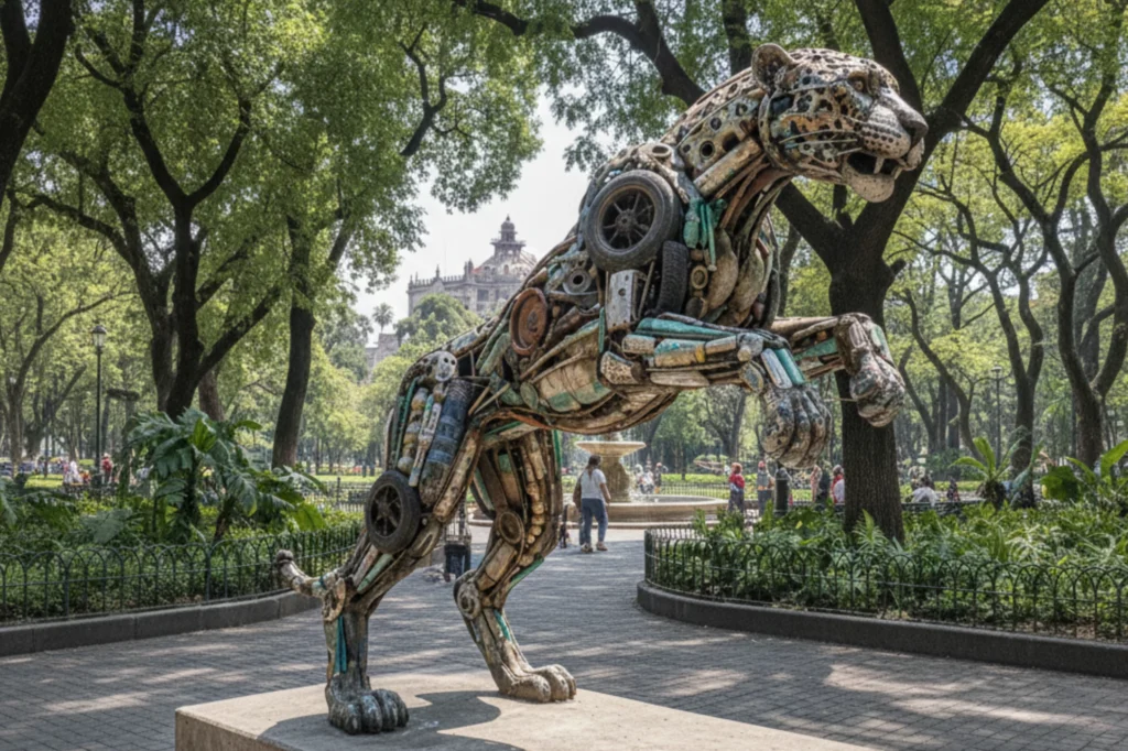 Escultura sustentable hecha con materiales recuperados que representa un jaguar, instalada en un parque urbano rodeado de vegetación.