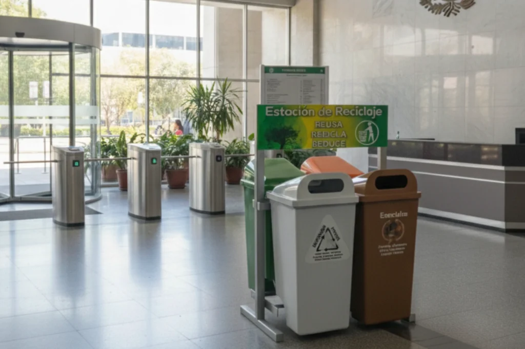 Puntos de reciclaje en la entrada de un edificio moderno, con un cartel que indica "Estación de Reciclaje" y torniquetes de acceso