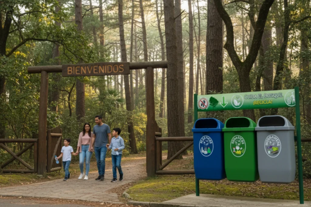 Familia en un parque natural junto a contenedores de colores que promueven los beneficios de reciclar y el cuidado del medio ambiente.