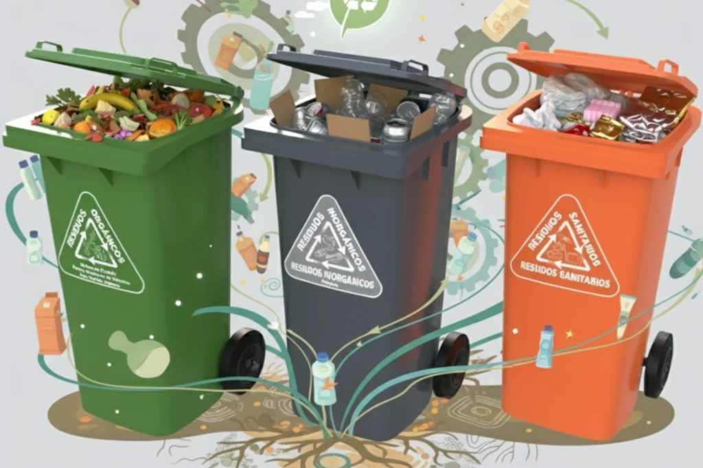 Botes con ruedas para reciclaje en colores verde, gris y naranja, representando la correcta separación de residuos orgánicos, inorgánicos y sanitarios