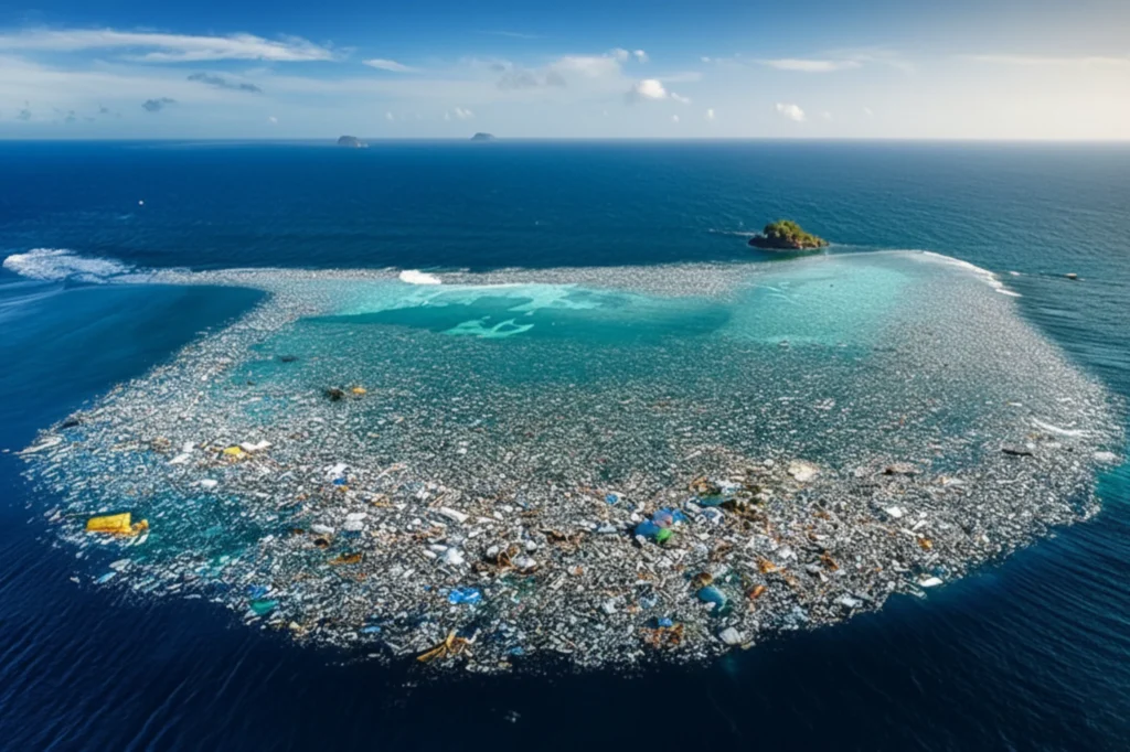 Vista aérea del océano Pacífico cubierto por residuos plásticos que evidencian la necesidad del reciclaje del plástico.  Isla de la basura
