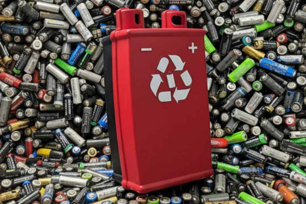 Maxibatery, contenedor de pilas de alta capacidad rodeado de baterías desechadas, usado en campañas de acopio urbano.