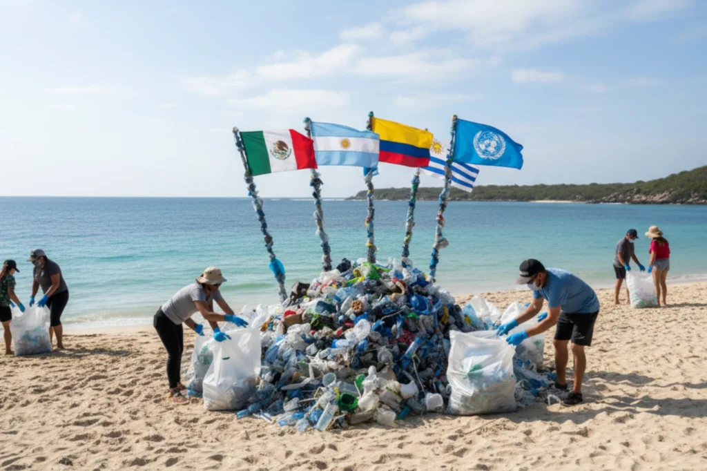 Personas limpiando una playa con banderas de México, Argentina, Colombia, Uruguay y la ONU, unidas por el reciclaje del plástico.