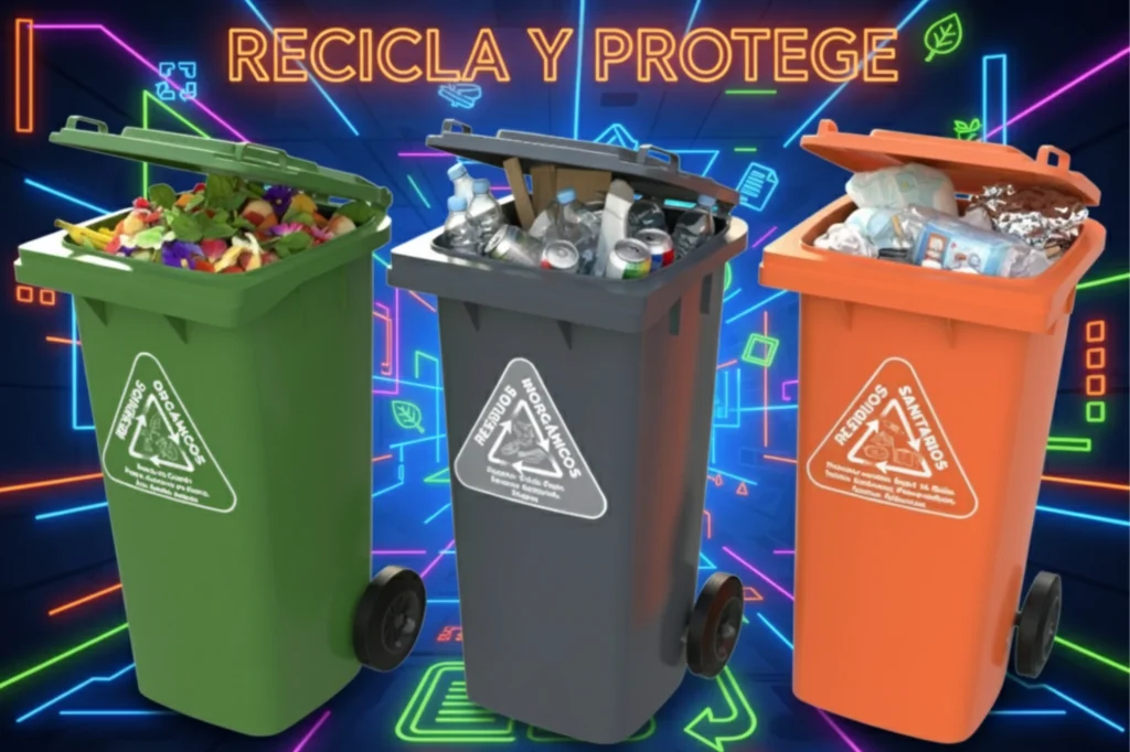 Contenedores verdes, grises y naranjas usados para la separación de basura en hogares y escuelas, mostrando los tipos de residuos orgánicos e inorgánicos.