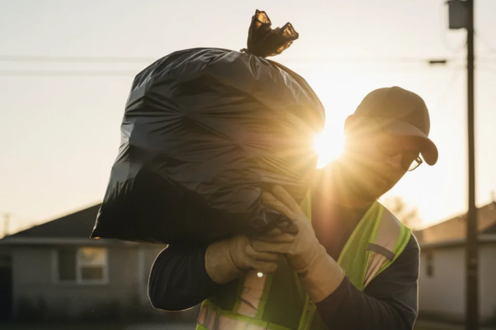 Trabajador de limpieza urbana cargando una bolsa negra de desechos, símbolo del manejo responsable de residuos sólidos.