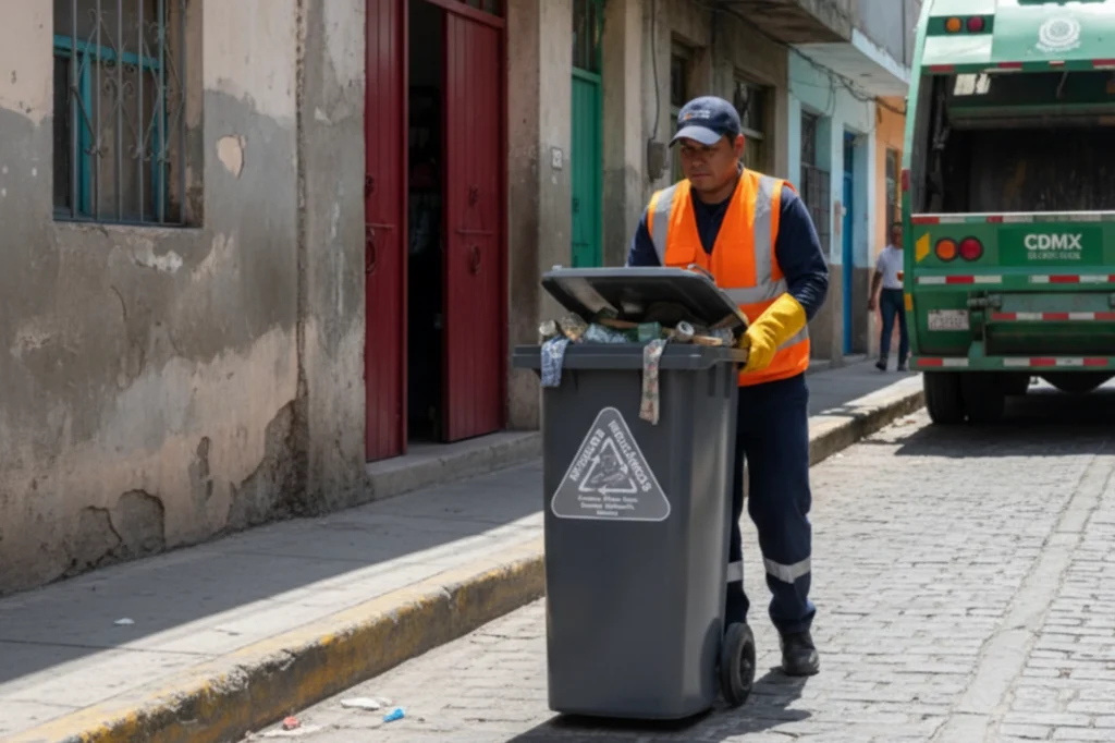 Trabajador de recolección sacando un contenedor con ruedas gris en calle urbana, parte del sistema de manejo y separación de residuos reciclables
