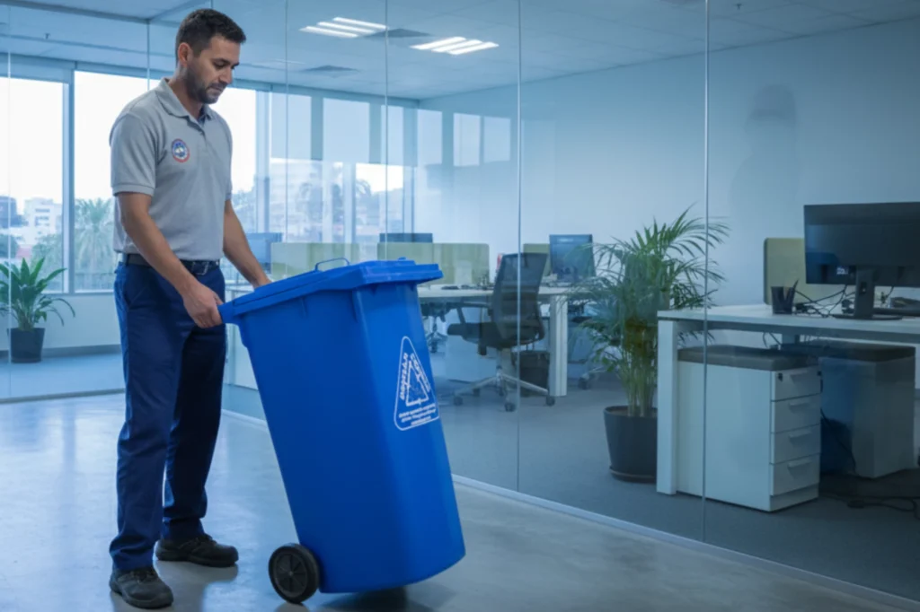 Bote con ruedas para reciclaje color azul dentro de oficina, utilizado para recolectar plásticos conforme a la separación de residuos en México