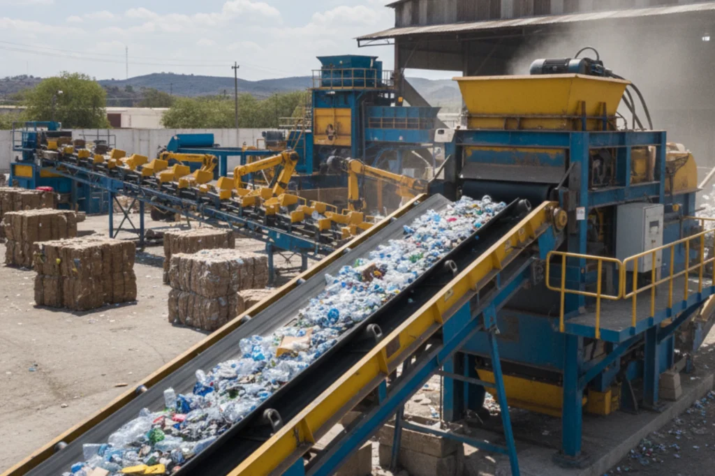 Máquinas industriales transportando materiales reciclables en una planta de procesamiento.