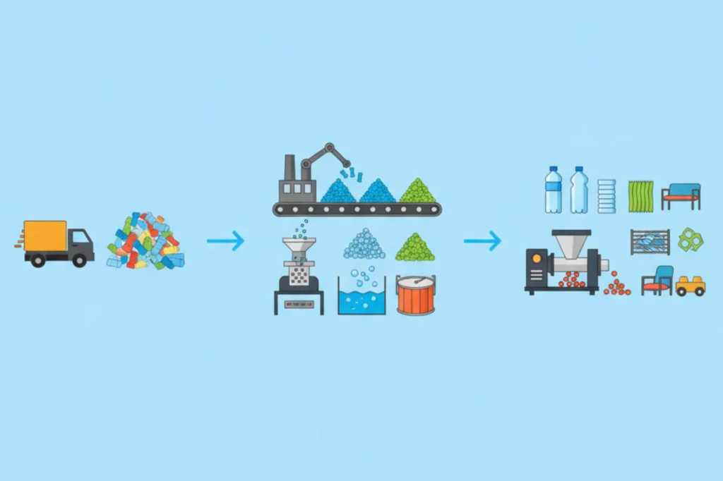 Ilustración del proceso del reciclaje del plástico desde la recolección hasta la creación de nuevos productos.