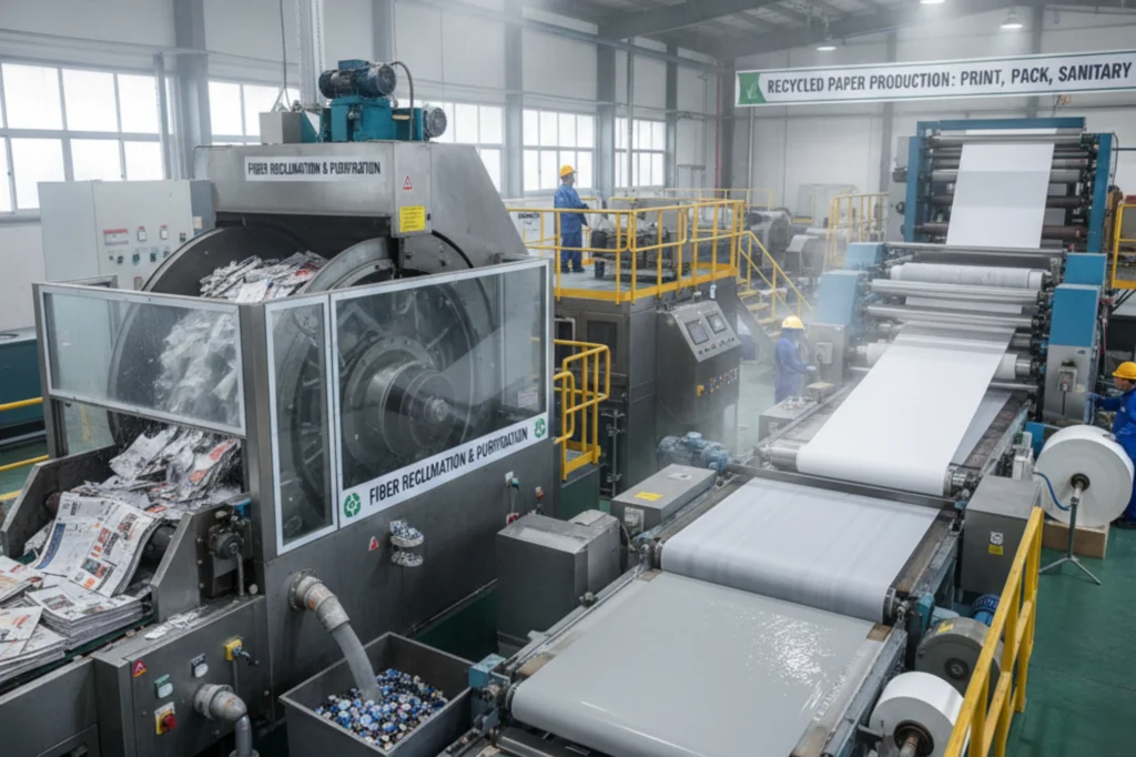 Planta industrial mostrando el proceso de reciclaje de papel, donde se realiza el desfibrado, limpieza y producción de papel reciclado como parte de la economía circular.