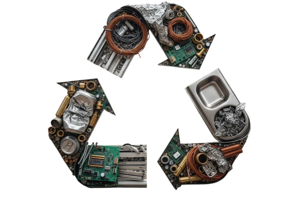 Símbolo de reciclaje hecho con piezas metálicas que representan la reutilización del metal en la economía circular.