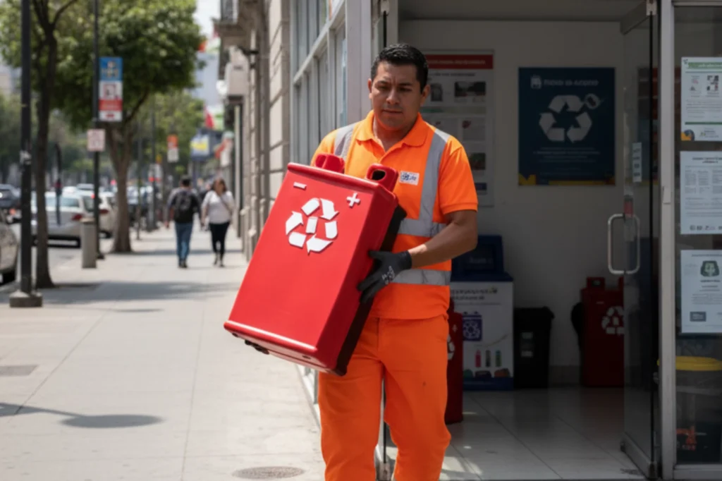 Trabajador del servicio público transporta un depósito ambiental para recolección de pilas y residuos peligrosos.