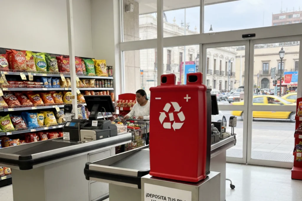 Contenedor rojo instalado en supermercado como parte del programa de reciclaje y disposición segura de pilas usadas.
