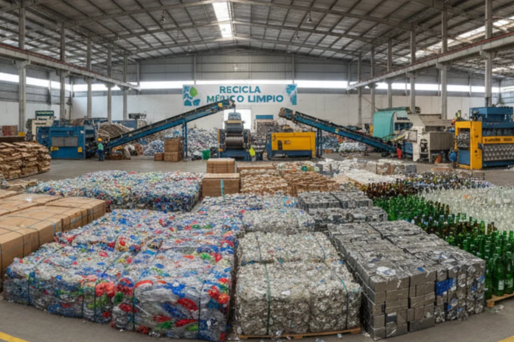 Centro de acopio con pilas de materiales reciclados listos para su reutilización.