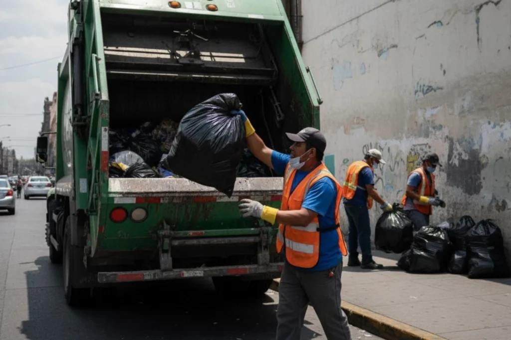 Trabajadores del servicio público realizando la separación de basura en CDMX durante la recolección de residuos urbanos