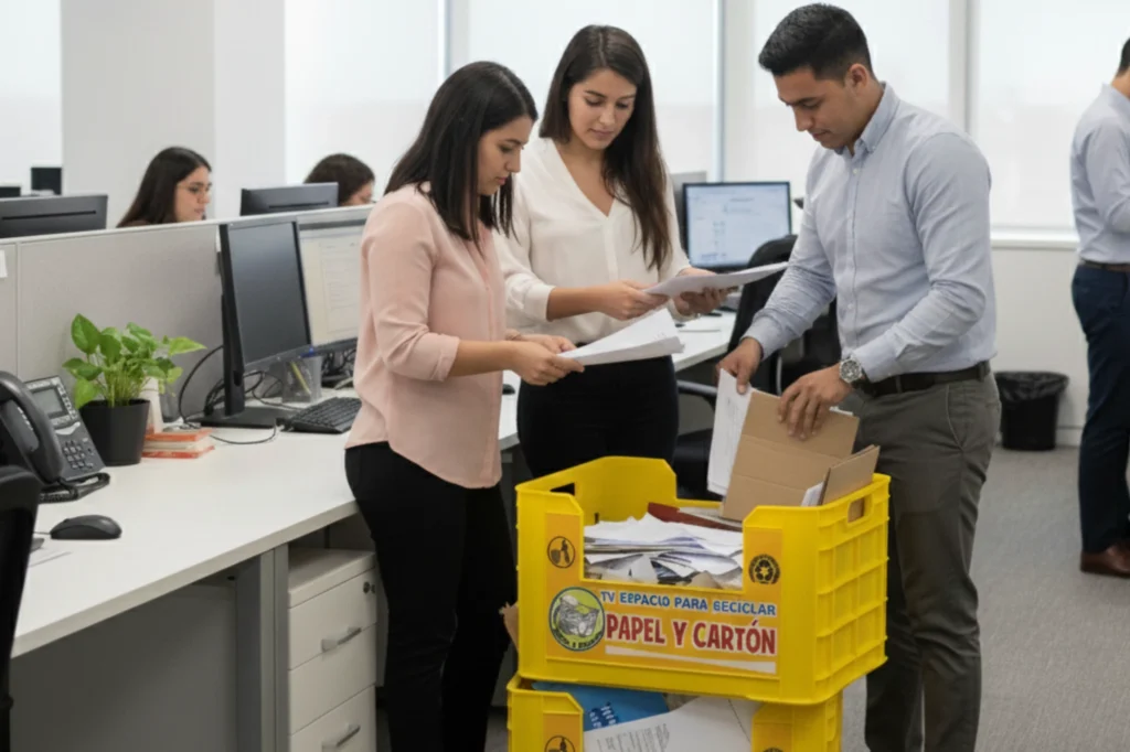 Empleados de oficina participando en la separación de hojas y cartón para su reciclado y contribuyendo a la sostenibilidad y reducción de residuos laborales.
