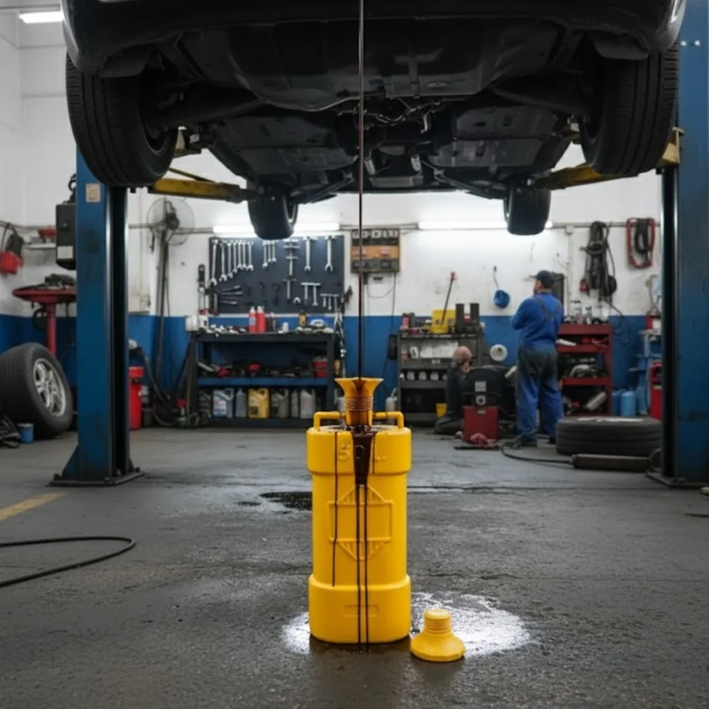 Almacenamiento seguro de aceite de motor usado en taller durante su recolección y posterior tratamiento ecológico.