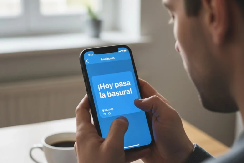 Persona consultando un recordatorio en el celular para separar la basura el día correcto según el calendario de recolección.