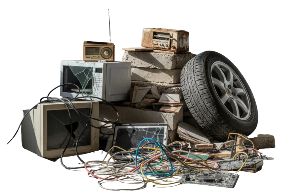 Residuos de manejo especial como llantas, aparatos electrónicos y materiales industriales acumulados.