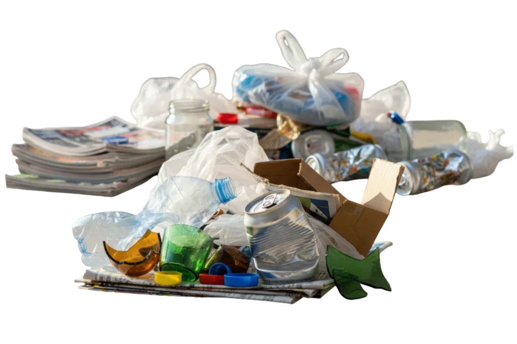 Ejemplo de residuos sólidos inorgánicos como botellas, latas, cartón y vidrio listos para reciclar.