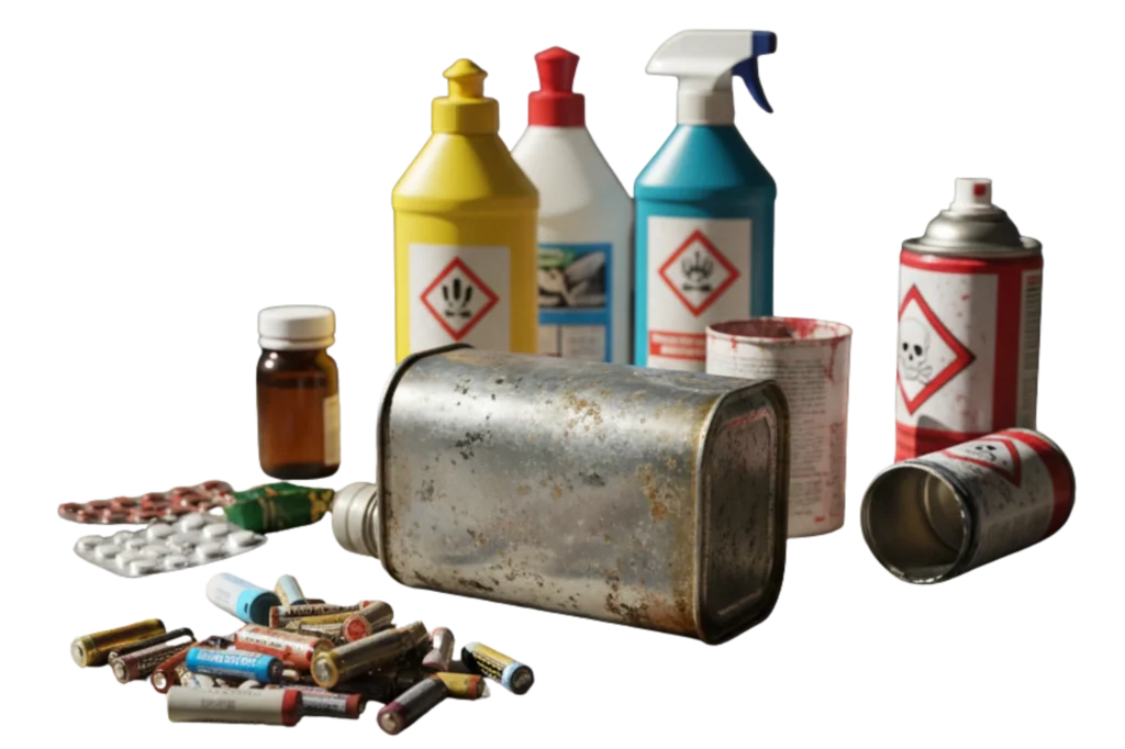 Residuos sólidos peligrosos como pilas, solventes, aerosoles y productos químicos domésticos.