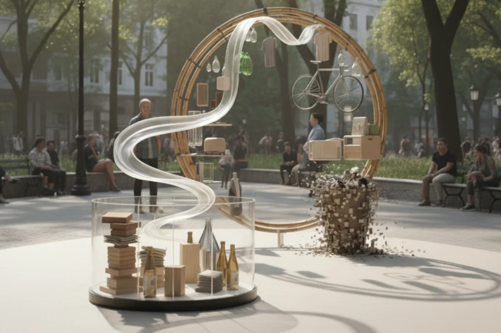 Escultura circular que simboliza el impacto del reciclaje y la transformación de materiales en nuevos productos útiles.