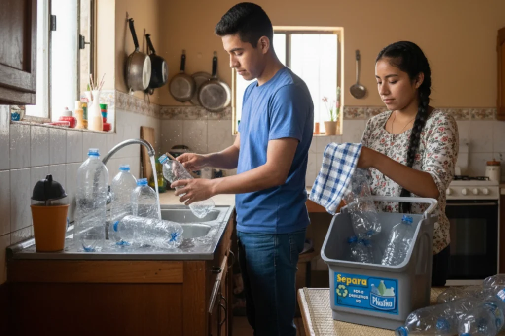 Hermanos lavando botellas de plástico como parte del reciclaje en casa.