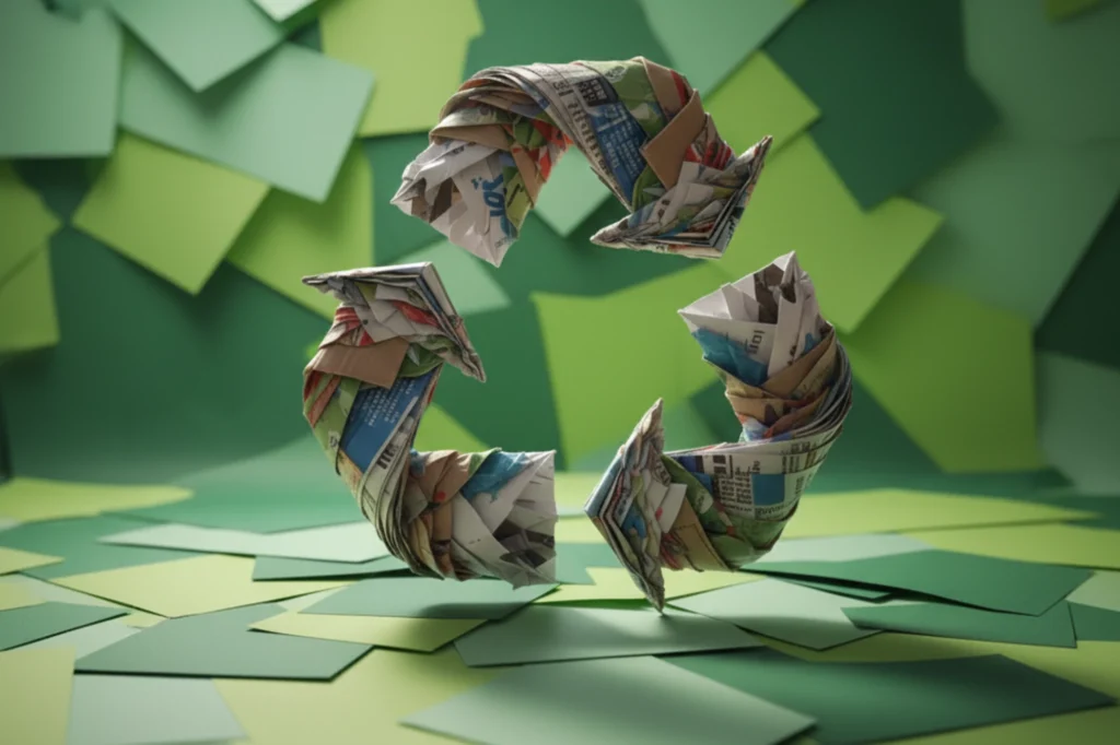 Símbolo del reciclaje formado con trozos de papel reciclado, representando el ciclo completo del reciclaje y su importancia en la reutilización de recursos naturales.