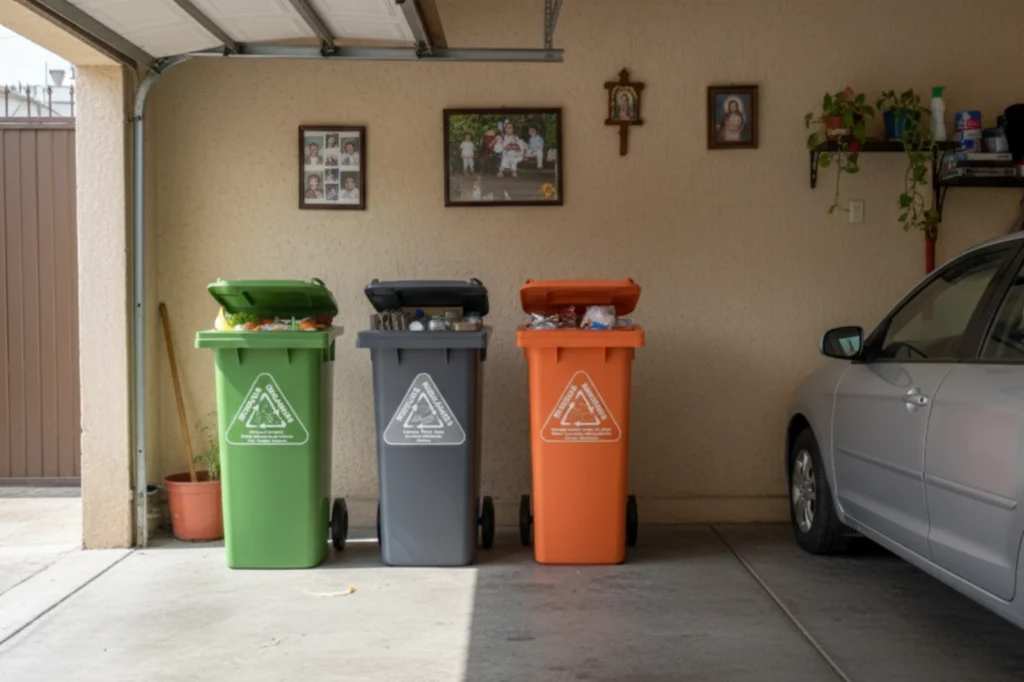 Contenedores de colores utilizados en el reciclaje doméstico para clasificar materiales reciclables.