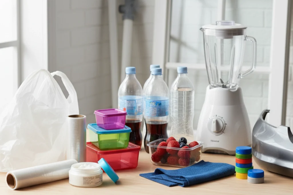 Artículos domésticos fabricados con distintos tipos de plásticos como botellas, envases y tapas reutilizables.