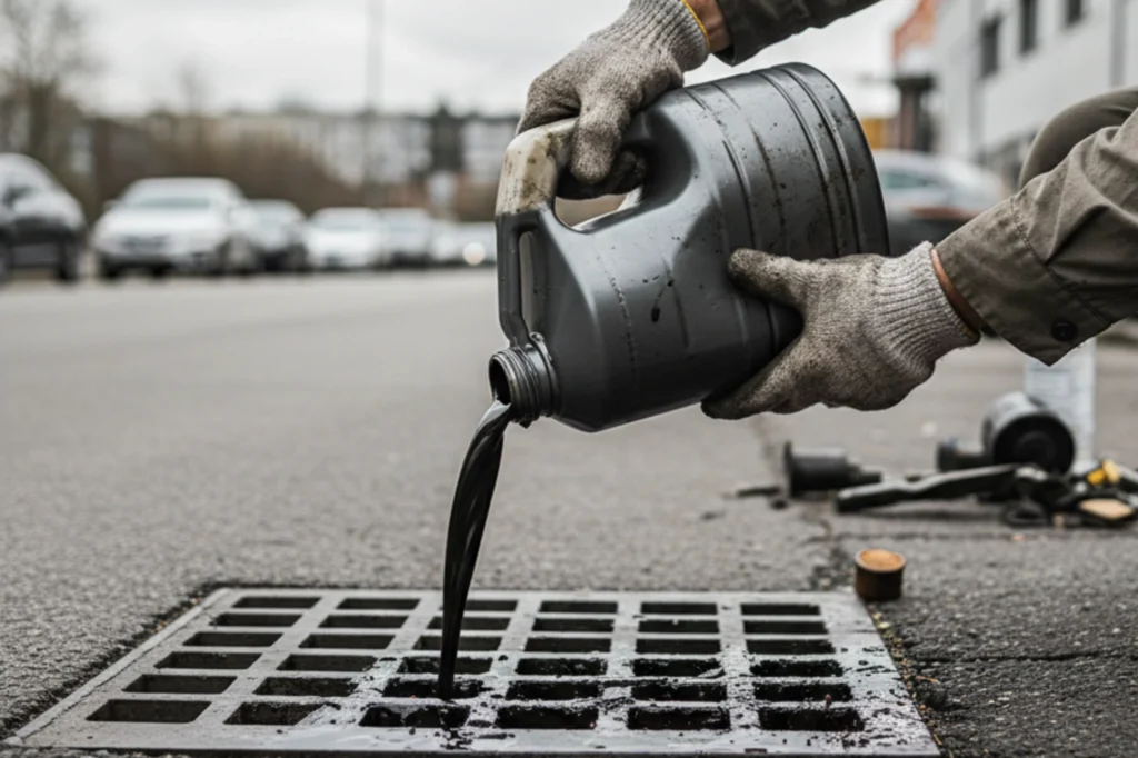 Ejemplo de mala práctica ambiental al verter aceite de motor usado en una alcantarilla, acción que debe evitarse.