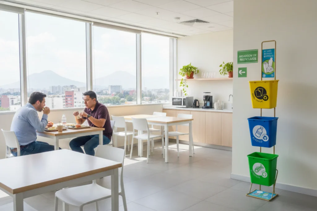 Estación de reciclaje con contenedores apilados para papel, plásticos y orgánicos en la zona de comedor