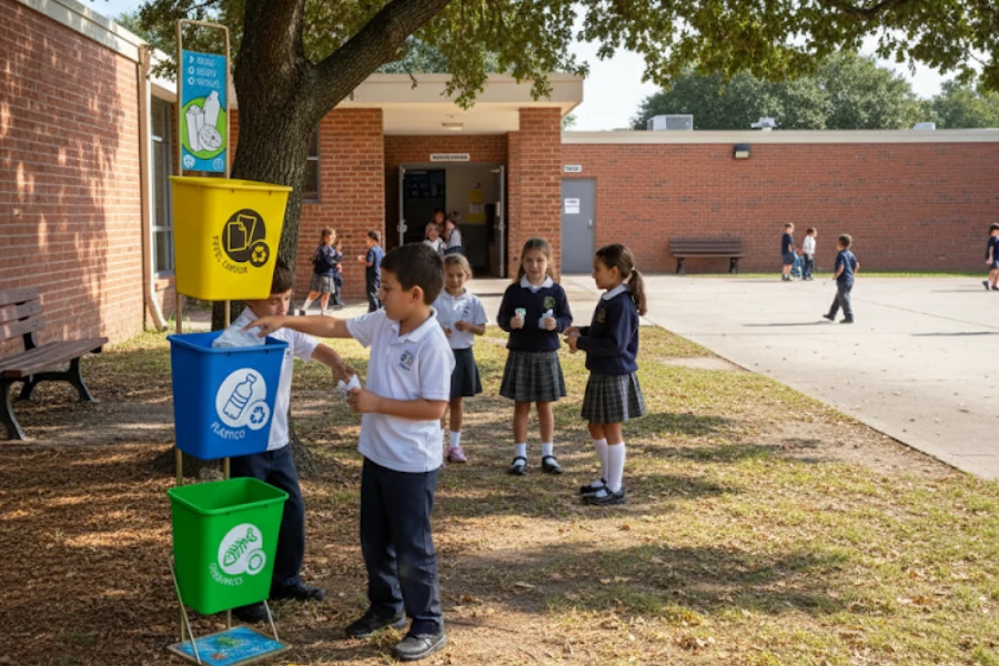 Niños aprendiendo a clasificar la basura en contenedores de colores dentro de una escuela, fomentando el reciclaje desde la educación básica.