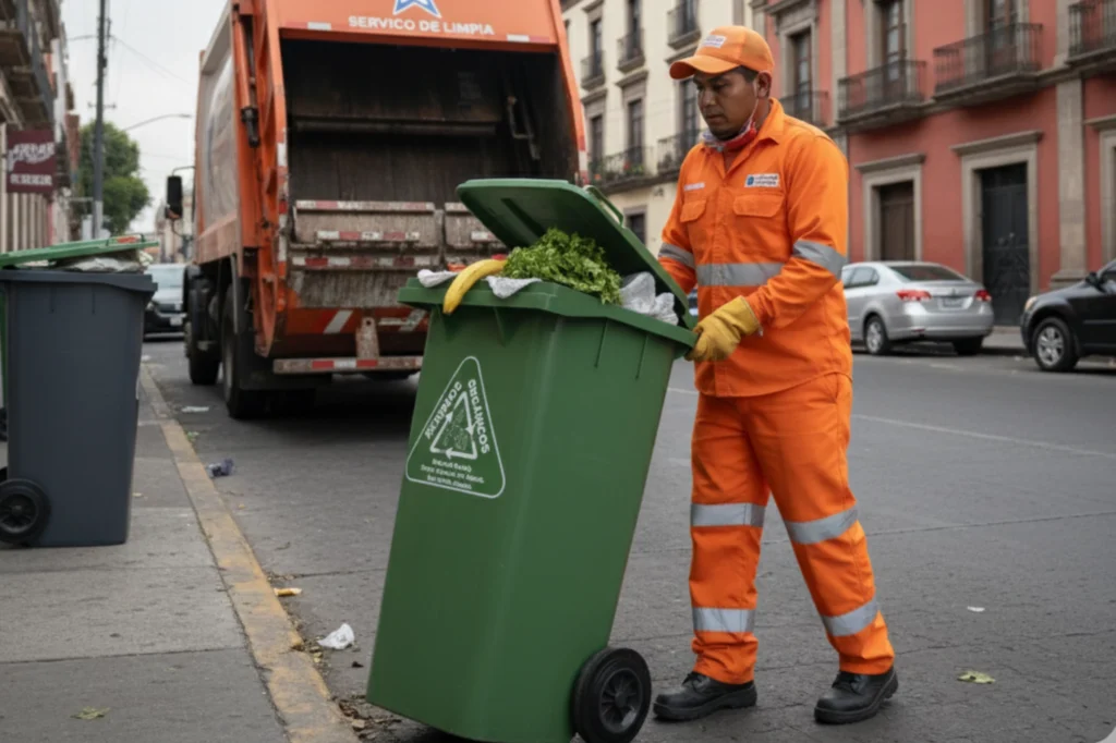 Trabajador del servicio de limpieza recolectando desechos reciclables en contenedor verde.