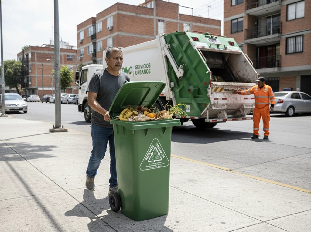 Vecino colaborando en la recolección diferenciada de residuos y manejo urbano sostenible.