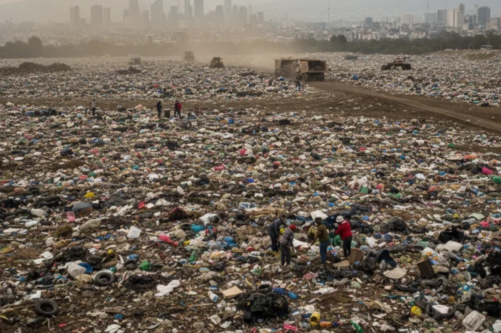 Vista panorámica de un vertedero en la Ciudad de México que refleja la falta de separación de basura y la acumulación de desechos urbanos.
