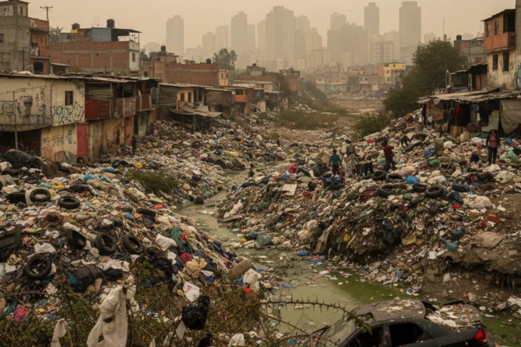 Acumulación de desechos urbanos en un vertedero a cielo abierto en una zona marginal de América Latina.