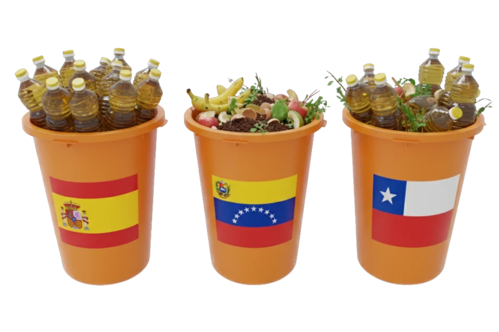 Tres contenedores de color naranja utilizados para aceites y residuos orgánicos en España, Venezuela y Chile.