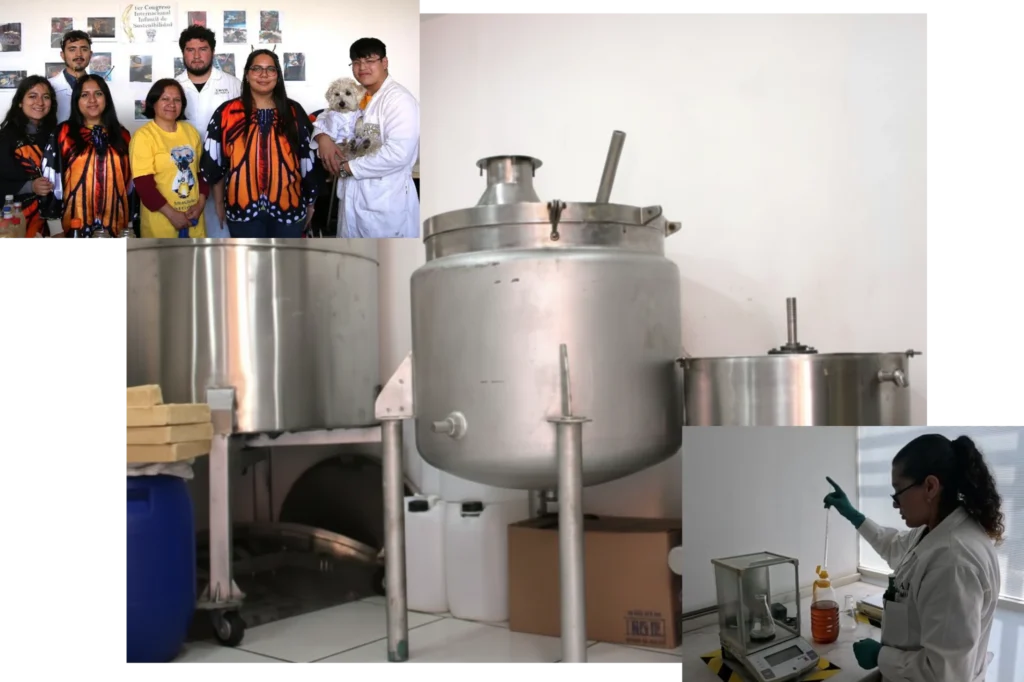 Equipo de laboratorio y personal trabajando con aceite de cocina usado en la UNAM, ilustrando el análisis y aprovechamiento del aceite de fritura dentro de procesos de reciclaje.