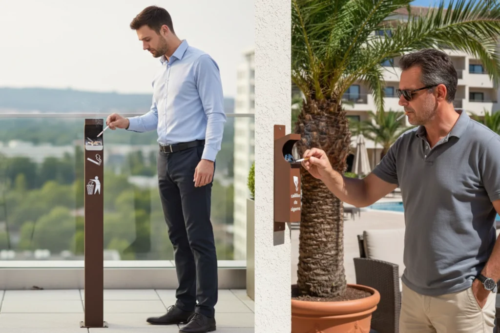 Uso de ceniceros para exteriores en espacios públicos como medida efectiva para evitar la contaminación por residuos de cigarro.