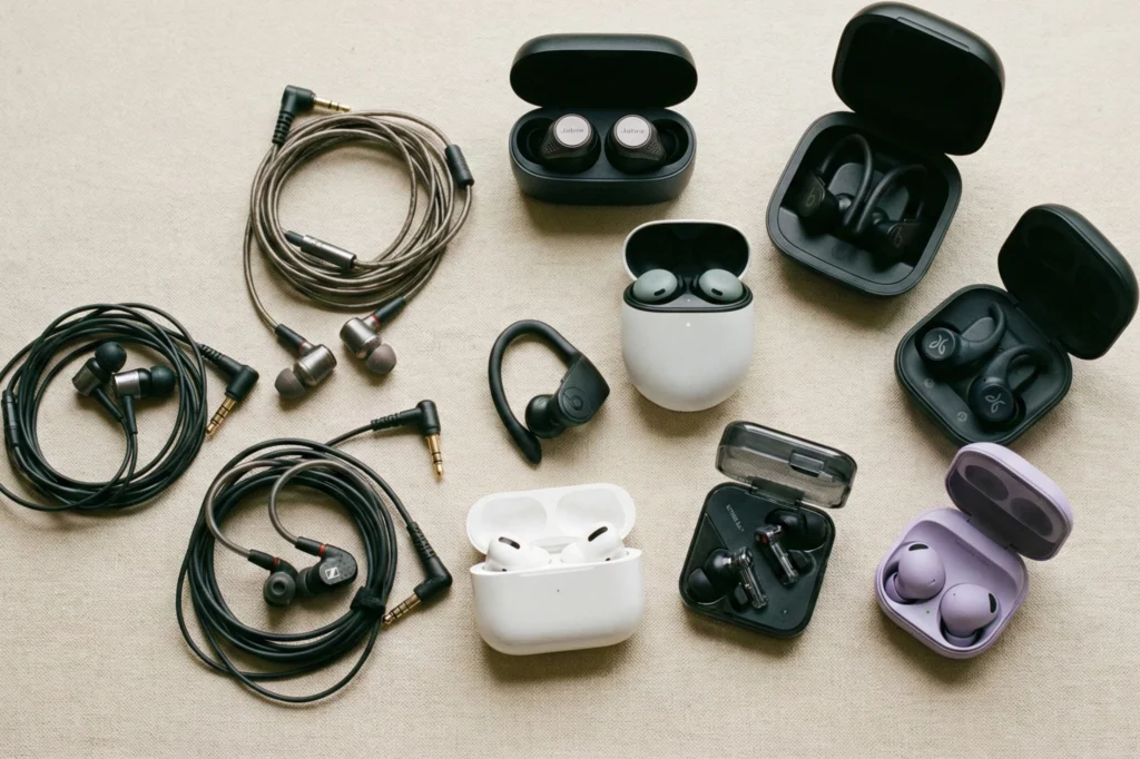 Variedad de audífonos cableados e inalámbricos que pueden llevarse al reciclaje de audífonos para manejo responsable.