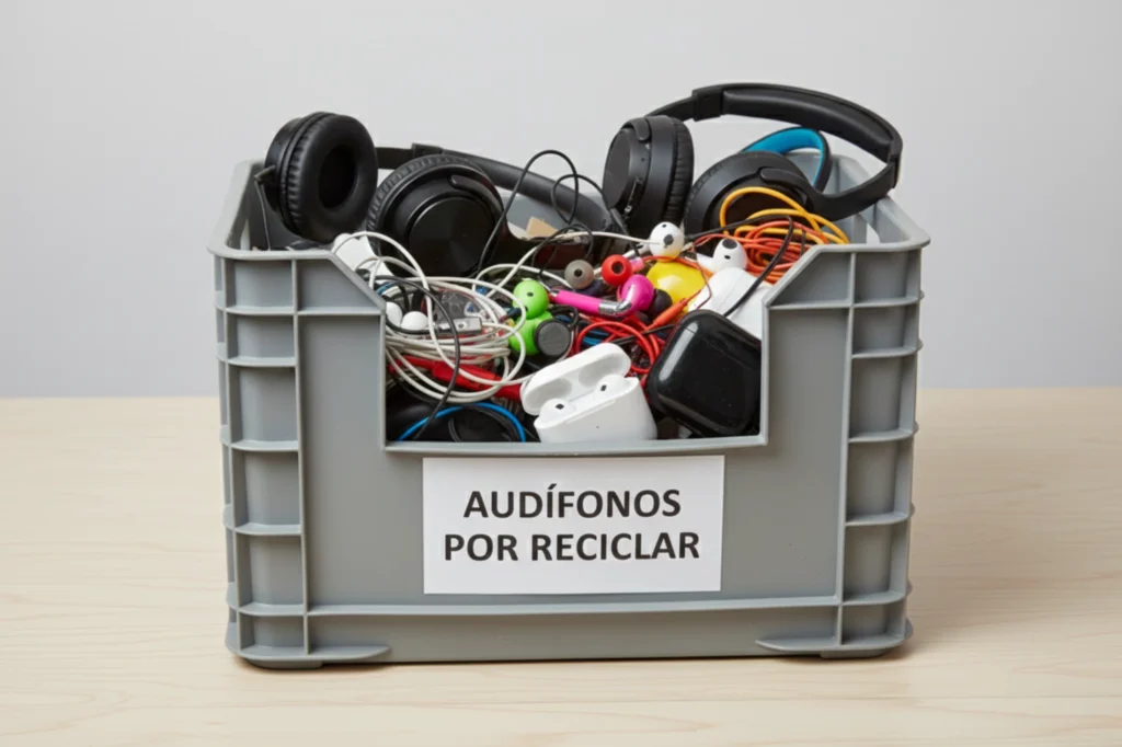 Contenedor con audífonos reunidos para su reciclaje correcta disposición como residuos electrónicos.