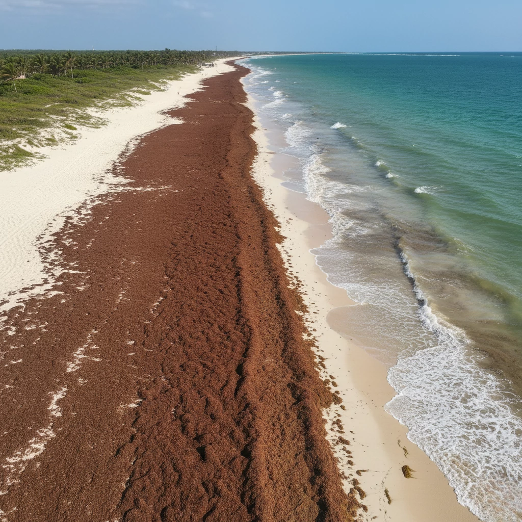 Acumulación masiva de alga en la costa del Caribe mexicano, punto clave para impulsar el reciclaje de sargazo y reducir su impacto ambiental.
