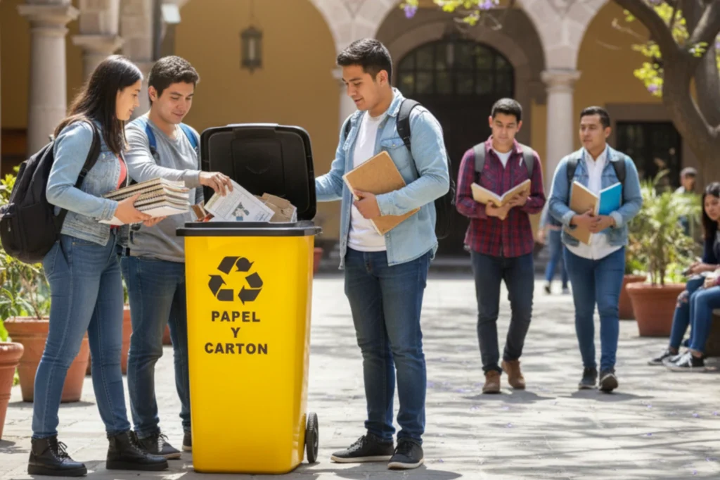 Estudiantes depositando papel y cartón en un contenedor amarillo destinado al reciclaje escolar en México.