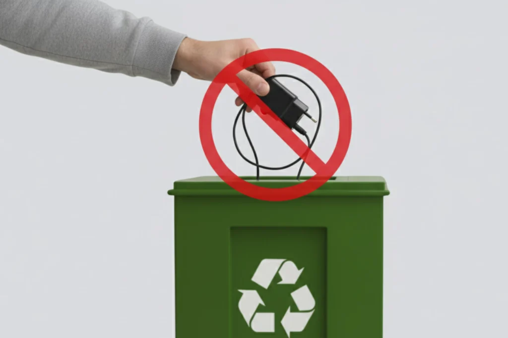 Cables de cargador desechados de forma incorrecta sobre un contenedor verde con símbolo de reciclaje.