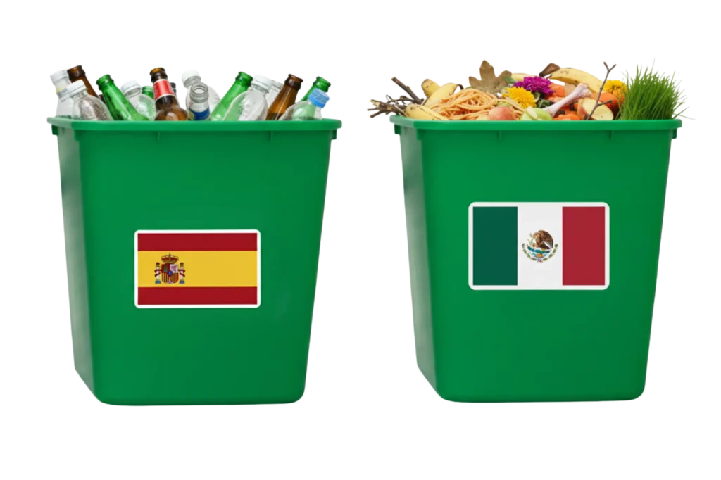 Diferencia entre color verde reciclaje en México y Europa: contenedor para orgánicos vs vidrio