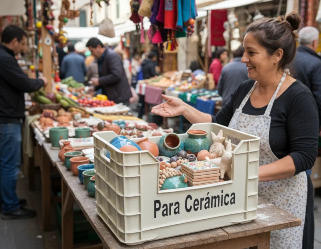 Mujer ofreciendo piezas usadas en un mercado local como parte del reciclaje de cerámica y su reaprovechamiento.