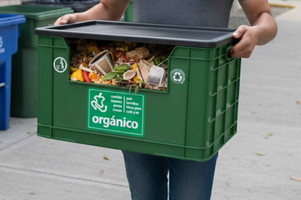 Caja de reciclaje verde usada para residuos orgánicos domésticos, promoviendo la correcta separación.